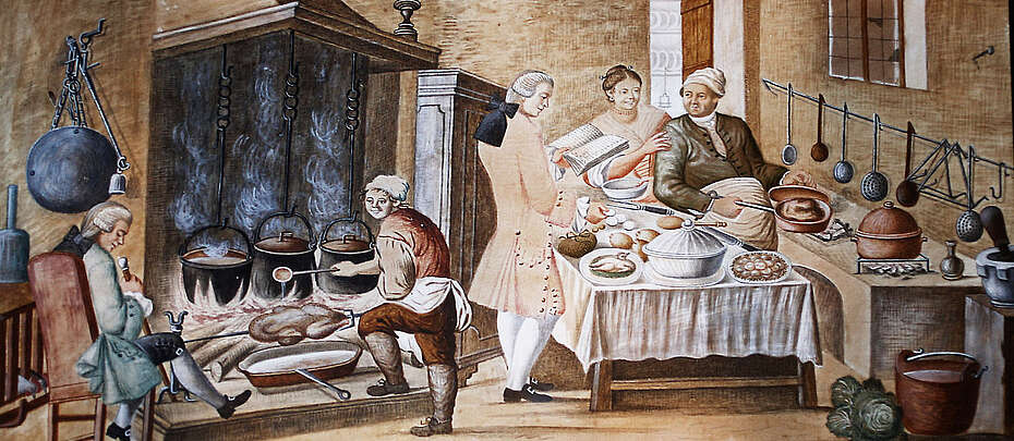 Historisches Decken-Gemälde in einer Villa in der Franciacorta-Region, das Essensszenen abbildet.