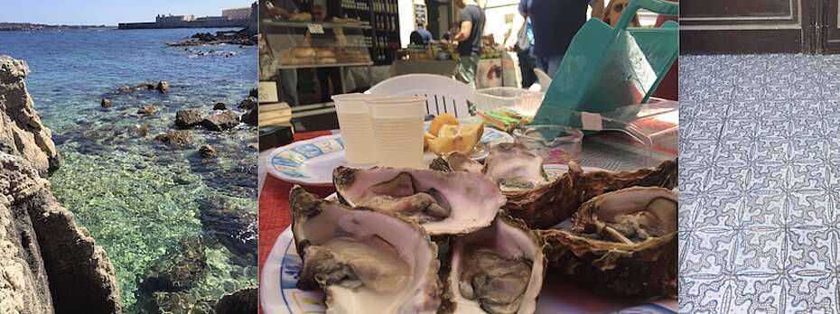 Austern in Siracusa am Gemüsemarkt, frisch und Basic, so ist Sizilien!