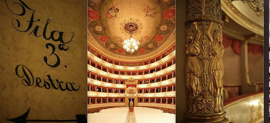 Modena, Emilia-Romagna - DAs Theater Luciano Pavarotti vor der Eröffnung, rechts und links - Detailaufnahmen des historischen Dekors
