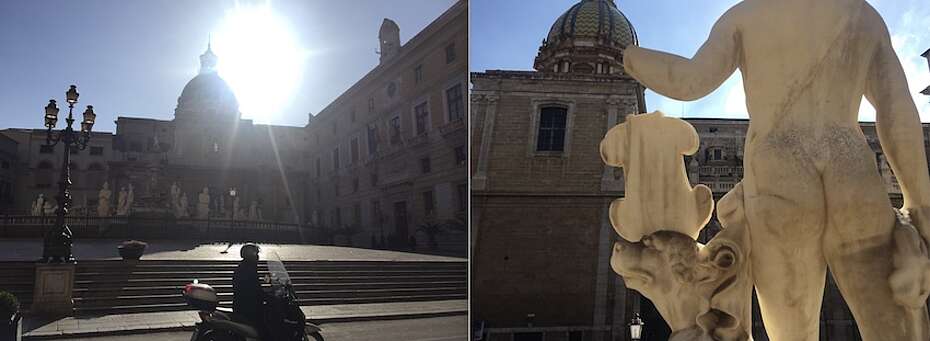 Impressionen im Gegenlicht eines Platzes im Zentrum von Palermo mit den Marmorstatuen am Brunnen, bizarre und bezaubernde Rückenansicht