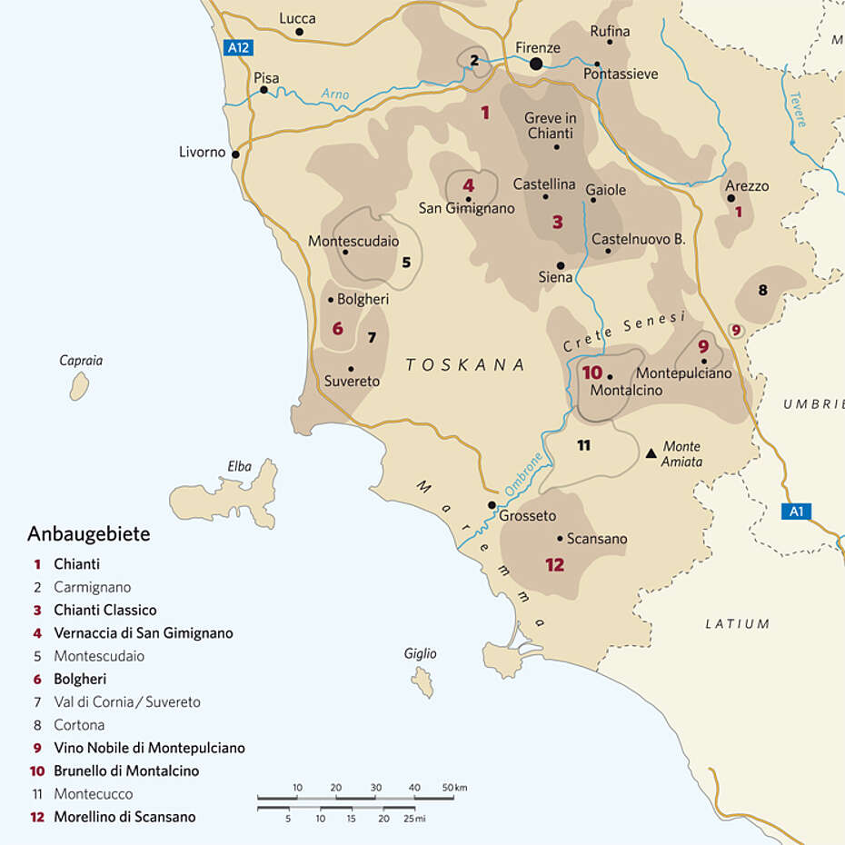 Italien, Toskana, Landkarte der Weinregionen Chianti, Chianti Classico, Vino Nobile, Bolgheri, Morellino, Brunello, Vernaccia, mit Montalcino, San Gimignano, Montepulciano