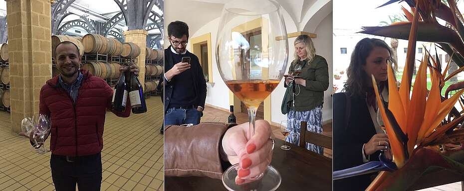 Kellermeister des Weingutes Feudo d'Arancio links im Bild. Worin liegt die Verbindung von Dessertwein, Paradiesvogelblume und roten Fingernägeln?