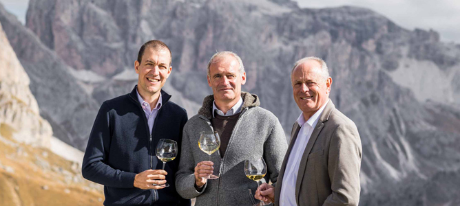 Willi Stürz mit Verkaufsleiter und Obmann in den Bergen bei der Präsentation des neuen Chardonnays Troy im Oktober 2018, Tramin, Südtirol, Italien