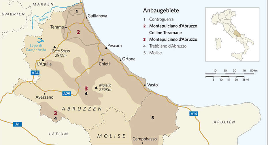 Italien, Abruzzen, Karte, Weinregionen, Geografie, Montepulciano, Controguerra, Colline Teramane, Trebbiano d'Abruzzo